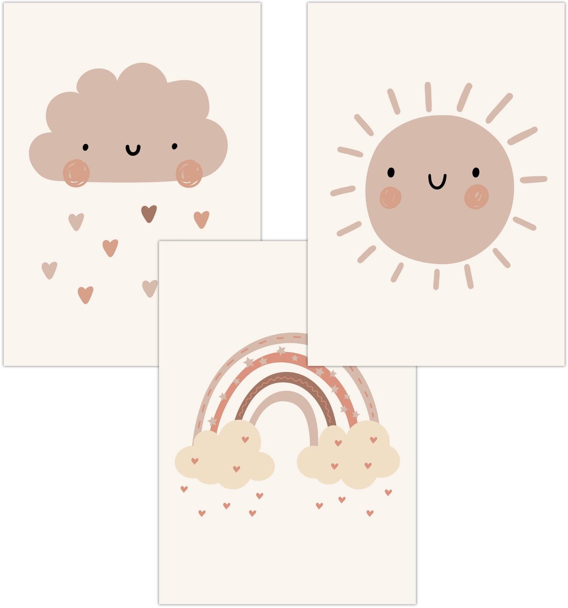 Kinderkamer Posters - Babykamer Decoratie - Muren Aankleden - Set van Drie - A4 Formaat - Beige Boho Regenboog