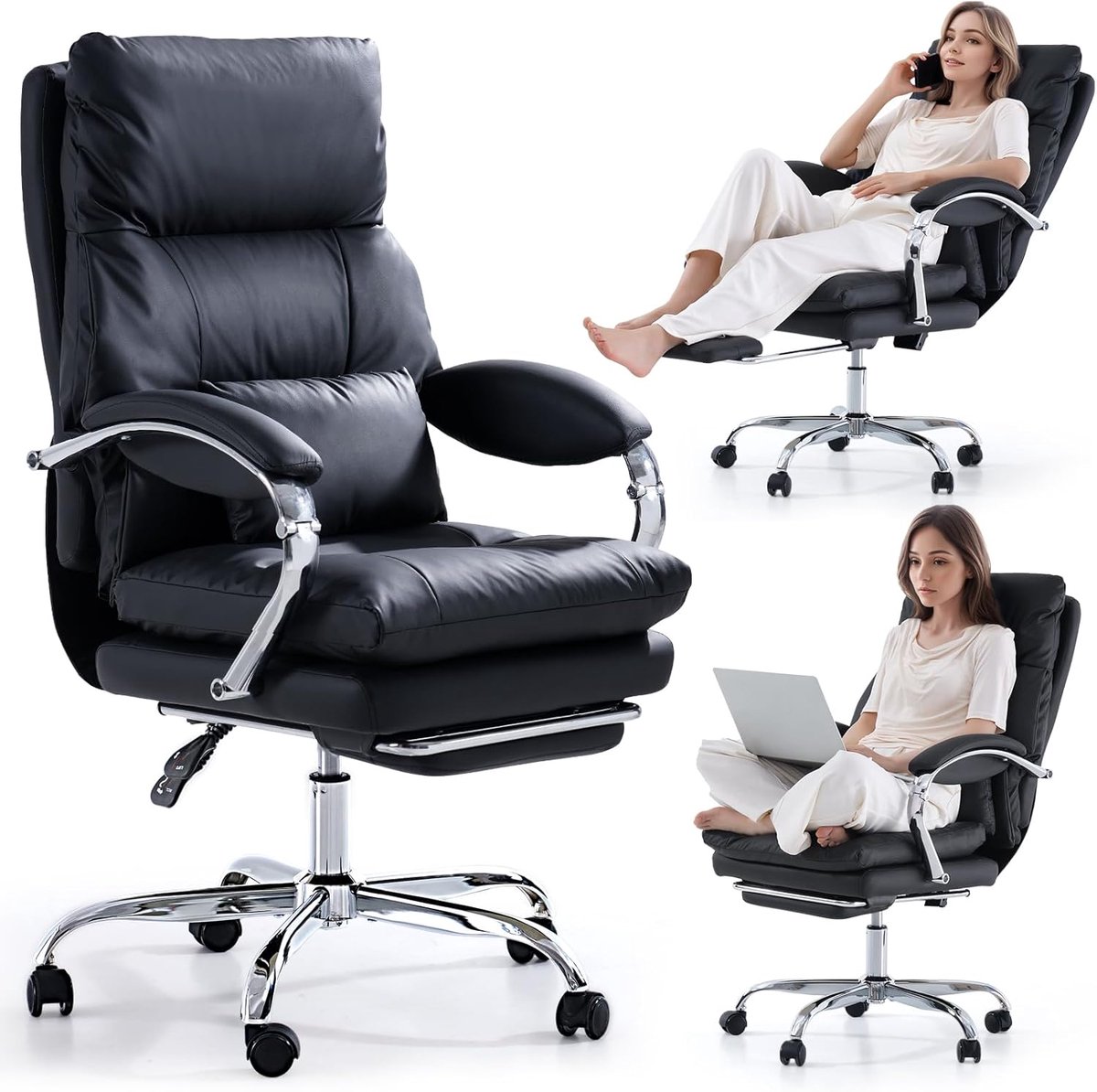 Bureaustoel met voetensteun, comfortabele bureaustoel met armleuningen, ergonomische directiestoel van PU-leer, kantelbaar, met wielen, computerstoel, verdikt kussen, zwart