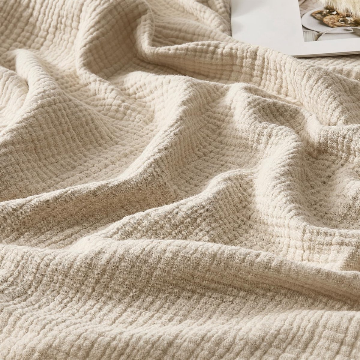 Mousseline-deken van 100% katoen voor volwassenen, 130 x 150 cm, 4 lagen met franjes, ademend, zacht, zomersprei voor tweepersoonsbed, banksprei, beige
