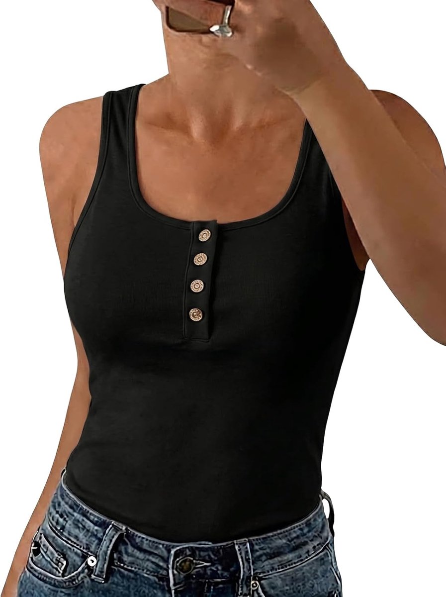 Tanktop voor dames, zomer, mouwloos, elegant, ronde hals, comfortabel, basic, breed, casual, met knopen, veters