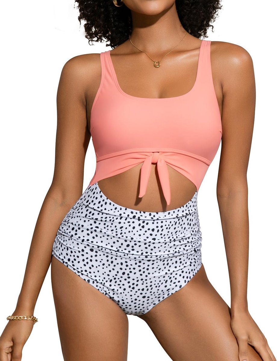 Eendelig badpak voor dames met ruches, figuurcorrigerend badpak, met cutout, stropdas