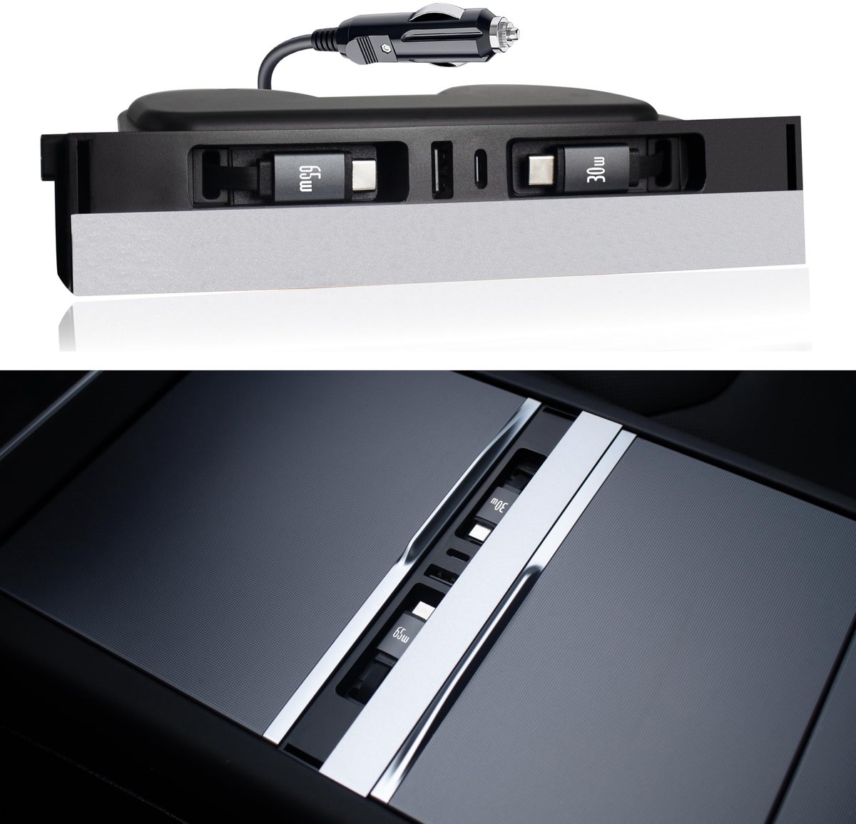 USB hub oplader voor Tesla - 2 Type-C intrekbare kabels - 140W centrale console - ideaal voor Model Y en Model 3 - SnelShoppen