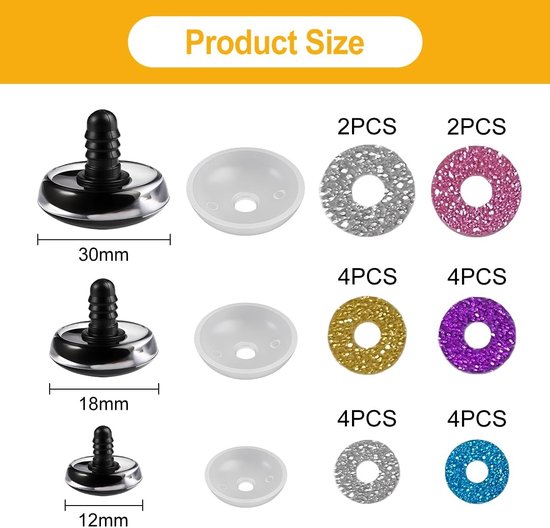 20 Stuks Glinsterende Veiligheidsoogjes voor Amigurumi 12mm/18mm/30mm - Glitter 3D Kunststof Ogen met Onderlegplaatje voor Gehaakte Dieren, Poppen, Knuffels, Teddyberen en DIY Knutselprojecten — afbeelding 3