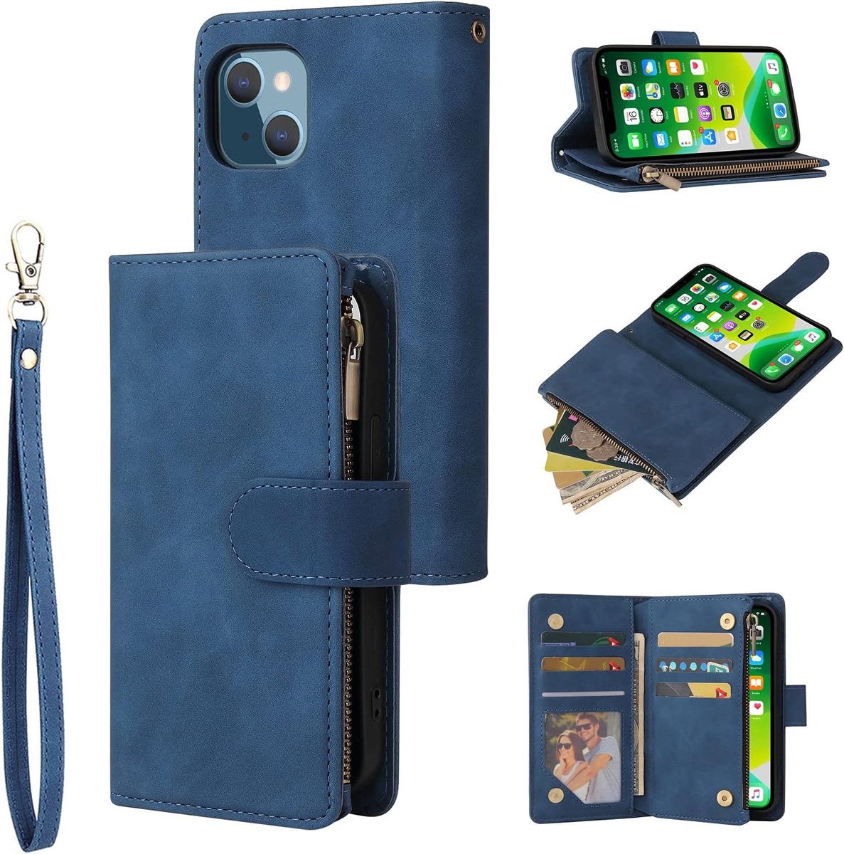 Portemonnee-hoesje voor iPhone 13 6.1, premium vintage PU-lederen magnetische handtas met rits en kickstand en kaartsleuven en polsriem TPU schokbestendige flip cover - Blauw