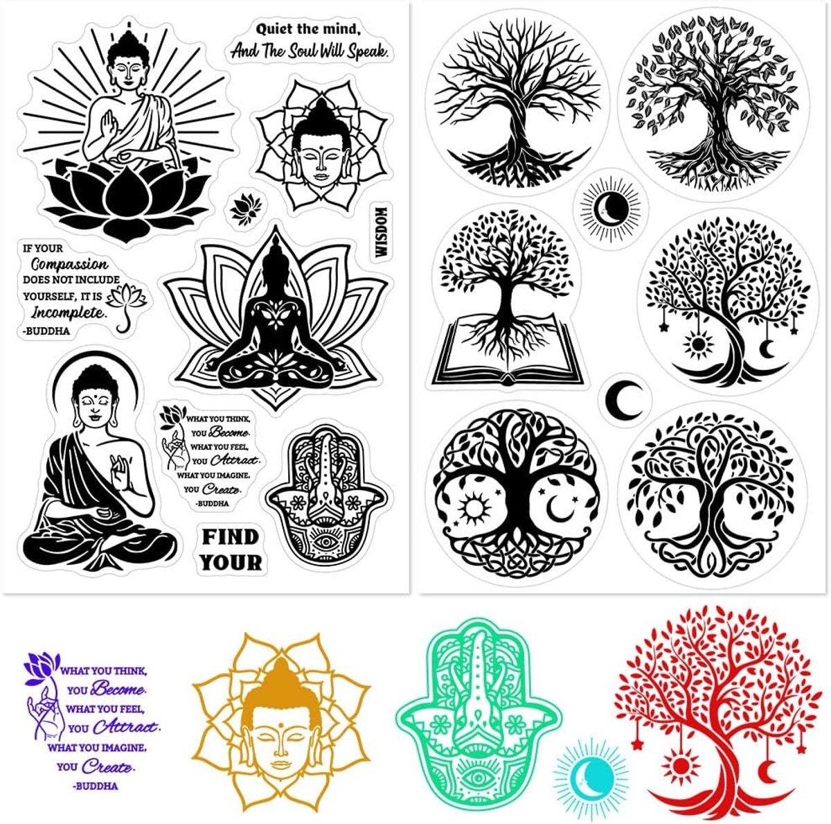 2 Stijl Boeddha Levensboom Clear Rubber Stempels Mandala Vintage Herbruikbare Transparante Siliconen Stempel Seals voor Journaling Card Maken Scrapbooking Fotoalbum Decoratieve DIY