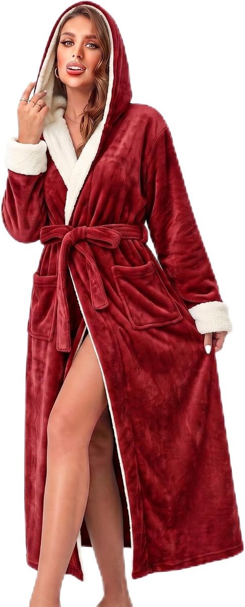 Dames Fleece Badjas met Capuchon en Witte Boorden - Lange Zachte Slobkous - Knus Winter Huispak