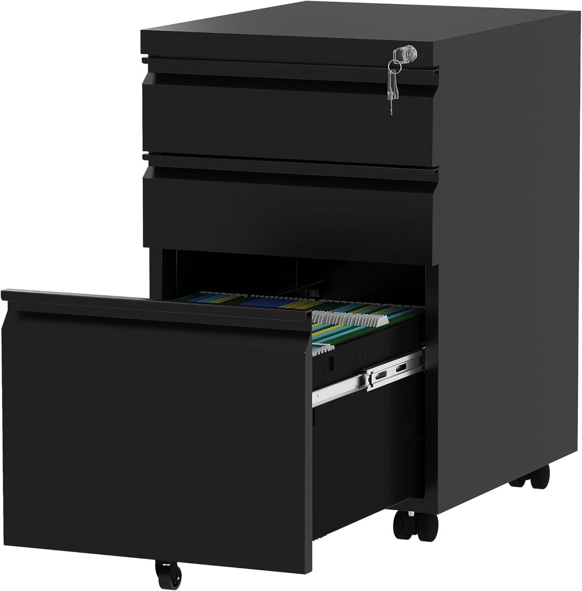 Afsluitbare archiefkast met 3 laden voor brief/legaal/A4-formaat, mobiele archiefkast voor thuiskantoor met wiel, anti-kantelen onder bureau archiefkasten, volledig gemonteerd, zwart, 46 x 39