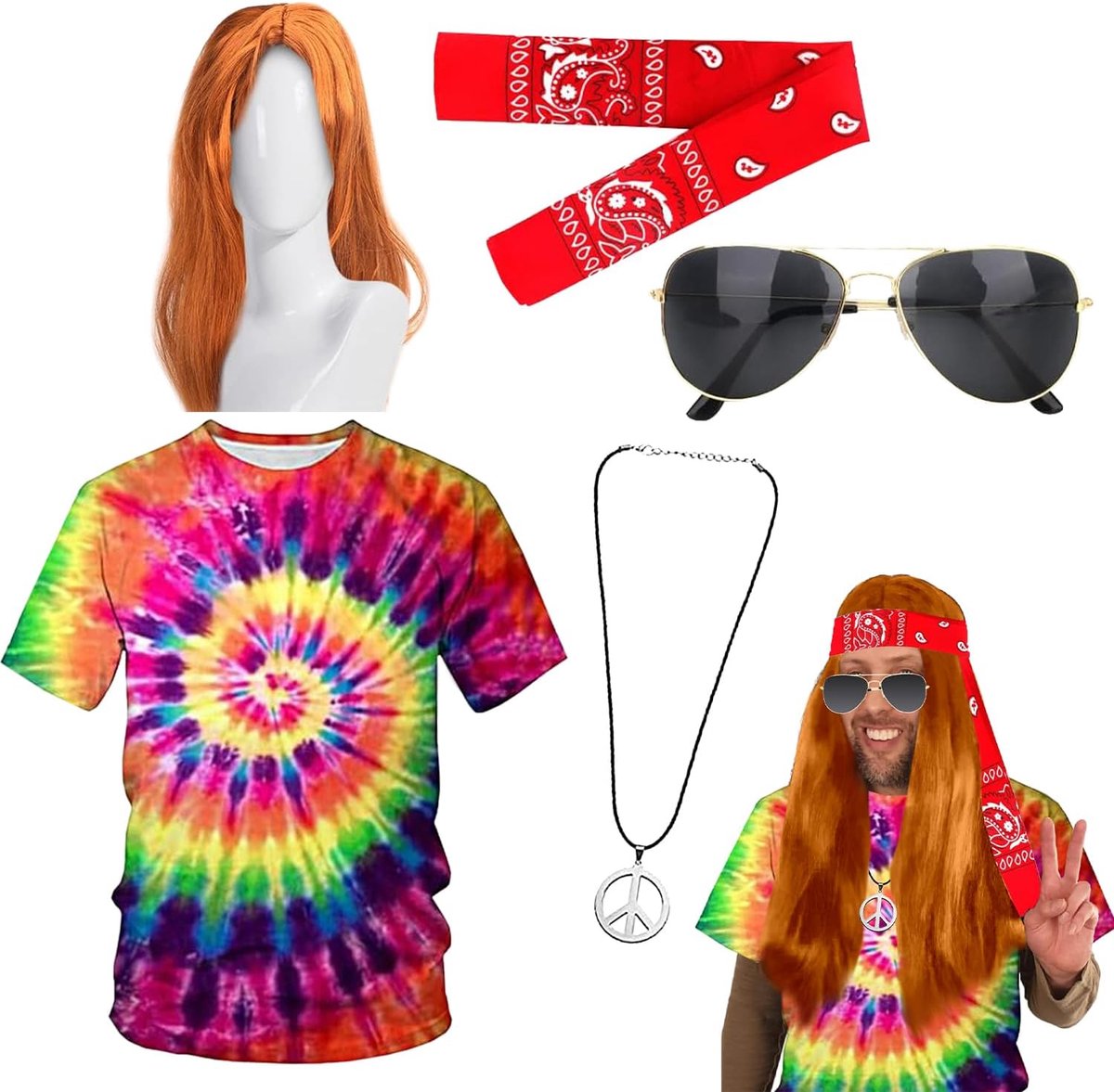 5 hippie-pruiken, kostuumaccessoireset, hippie T-shirt, pruik, bril, vrede, halsketting, hoofdband, jaren 70-kostuums, voor heren en dames, kleding voor carnaval
