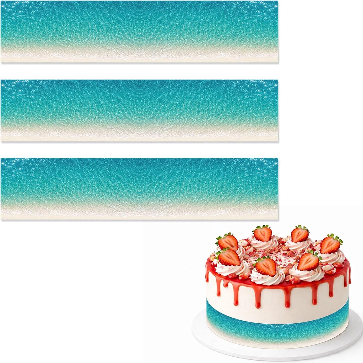 Eetbare Taartrand Decoraties, 28x6,2cm Voorgesneden Eetbare Wafel Papier Zomer Oceaan Feest Taartstroken voor Verjaardag Strand Thema Feest Bedankjes Decoratie Benodigdheden