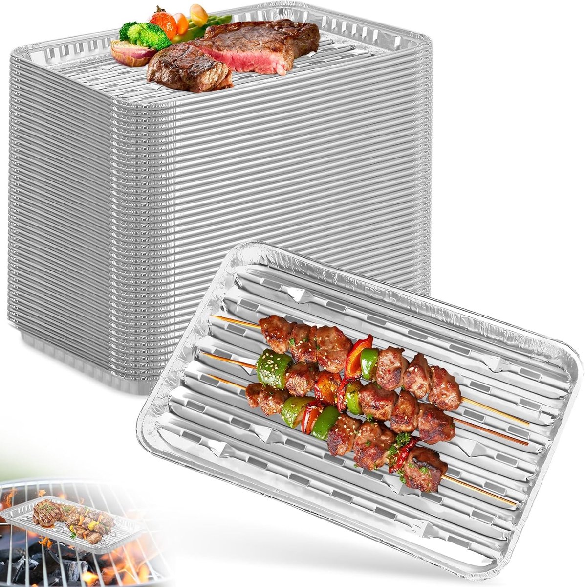 20 stuks grillschalen van aluminium met gaten, 34 x 23 cm, wegwerpschalen van aluminium, lekbak met geribbelde onderkant voor oven, koken, grill buiten