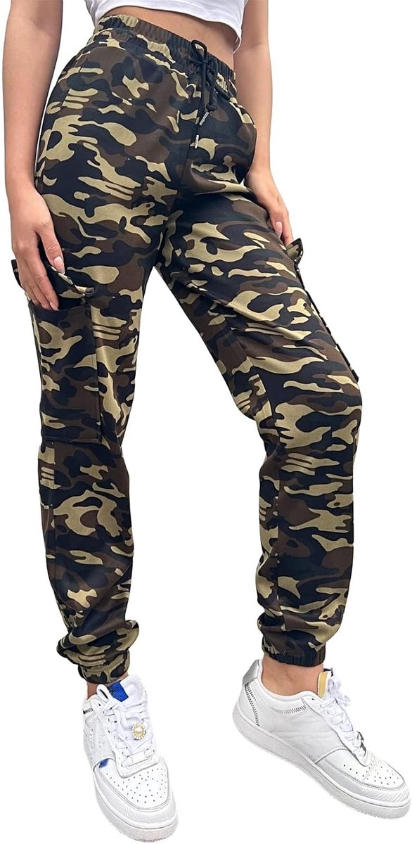 Trainingspak met manchetten en zakken, trekkoord, camouflage, hoge taille, voor tienermeisjes, cargojoggingbroek, Petite Combat Broek
