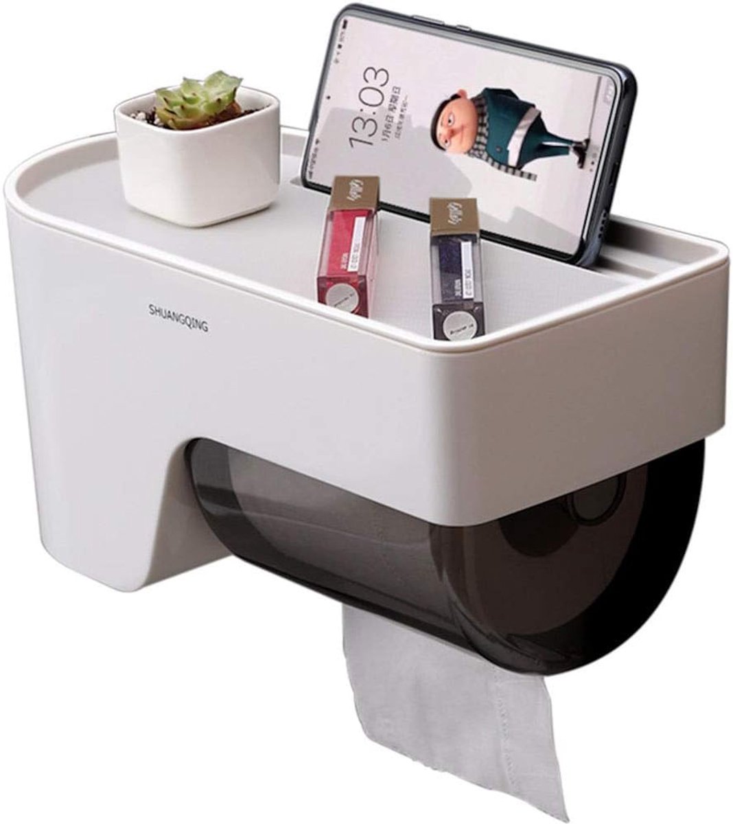Toiletrolhouder met Plank en Telefoonhouder - Muurbevestiging Zonder Boren - Extra Opbergruimte - Ideaal voor Toilet - SnelShoppen