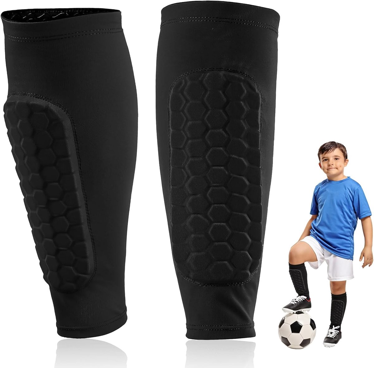 Scheenbeschermers voor kindervoetbal, zwarte scheenbescherming, voetbal voor kinderen, met honingraatpads, lichte scheenbeschermers voor bescherming van het scheenbeen tijdens het