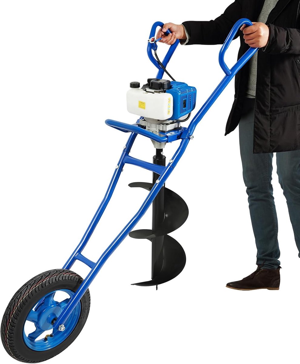 2-takt benzine-grondboor met handwagen, 52 CC 1,46 kW grondgatboor, eencilinder benzine paalboor, grondboormachine met 300 mm booropzetstukken, 1 liter brandstoftank, tuinboor, blauw