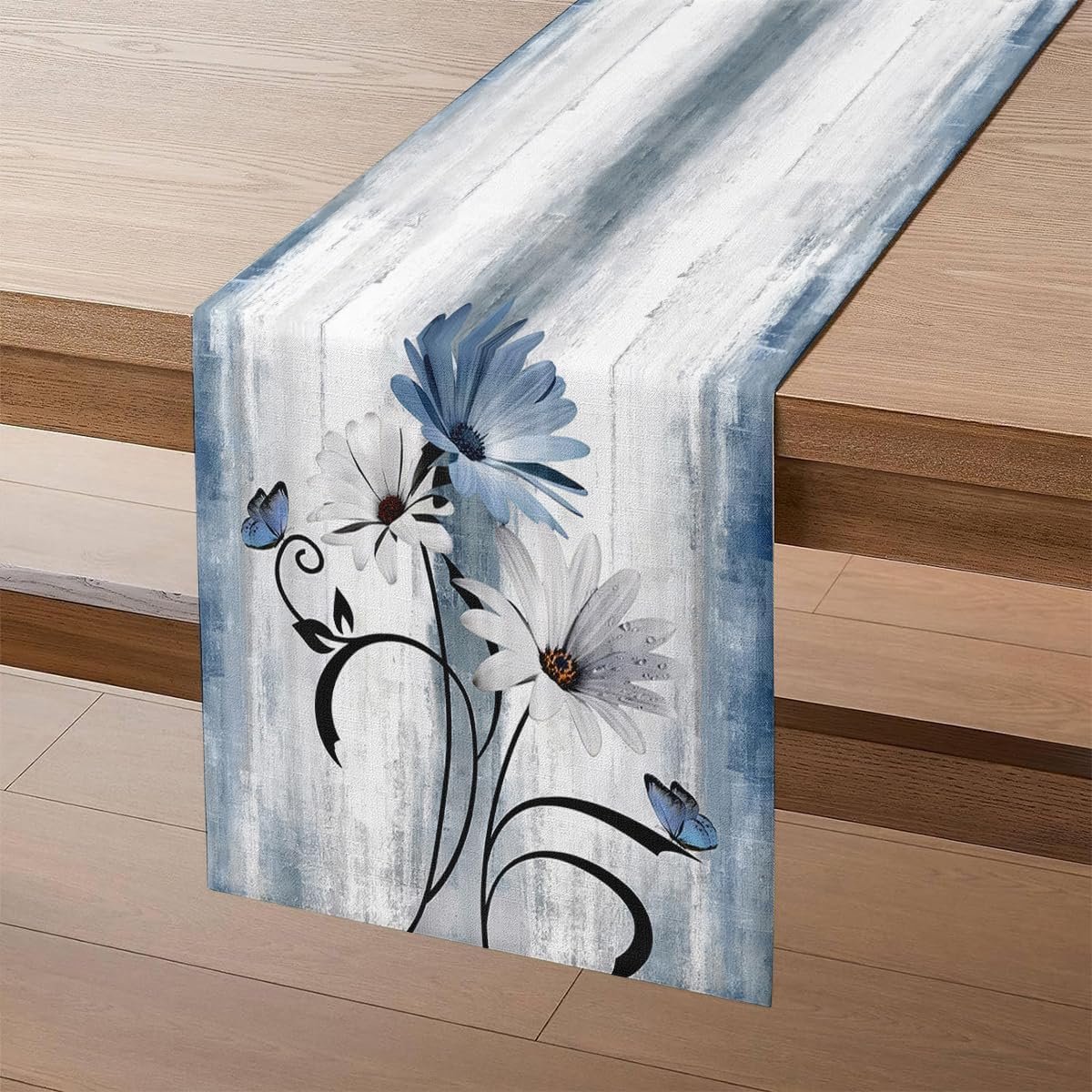 Tafelloper blauw marineblauw retro tafelloper met bloemen tafeldecoratie rustieke witte madeliefjes boerderij 40 x 100 cm keuken tafel decoratie voor feestjes, eettafel, salontafel bruiloft