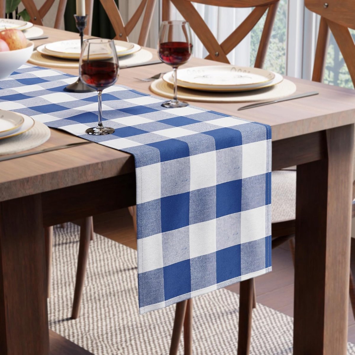 Homes Tafelloper voor eetkamer, 8-zits, buffalo, blauwe ruiten, groot, 40 x 150 cm, milieuvriendelijk katoen, met de hand gesponnen decoratieve stof voor restaurants, machinewasbaar
