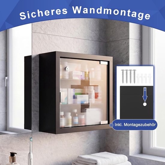 Medicijnkast zwart 30cm 4 vakken afsluitbaar - Medicijnkast zwart 30cm roestvrij staal glas, 2 vakken, afsluitbaar, veilige opslag van medicijnen — afbeelding 2