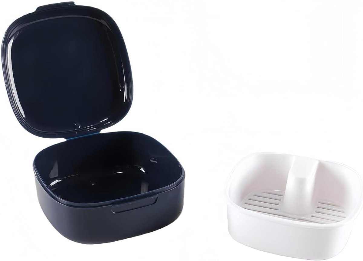 Gebitsprothesebox met zeef, beugelbox, voor beugels, bitjes, aligners (blauw)