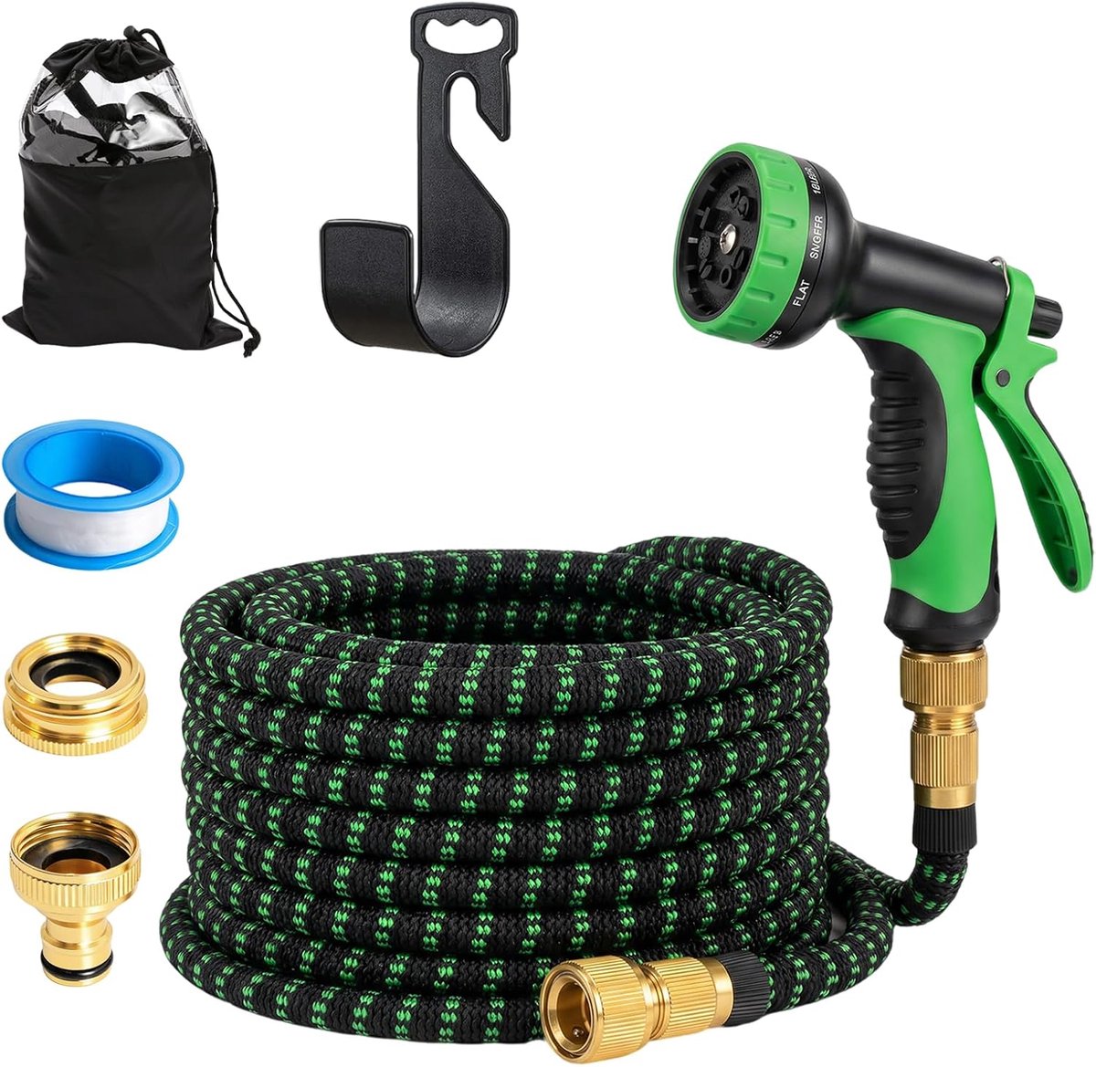 Tuinslang, 15 m, flexibele waterslang met sproeikop met 10 functies, extra sterke 3450D flexibele slang met 3/4 inch en 1/2 inch massieve aansluitingen en 3-laags