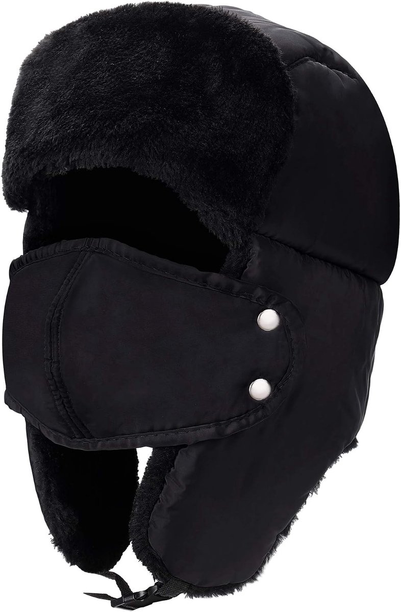 Bomberpet, unisex winter trapper Trooper pilotenhoed, waterdicht, warm bont gevoerd met oorkleppen, gezichtsbedekking voor schaatsen, skiën, kamperen, wandelen (56-63 cm), zwart, Zwart, M