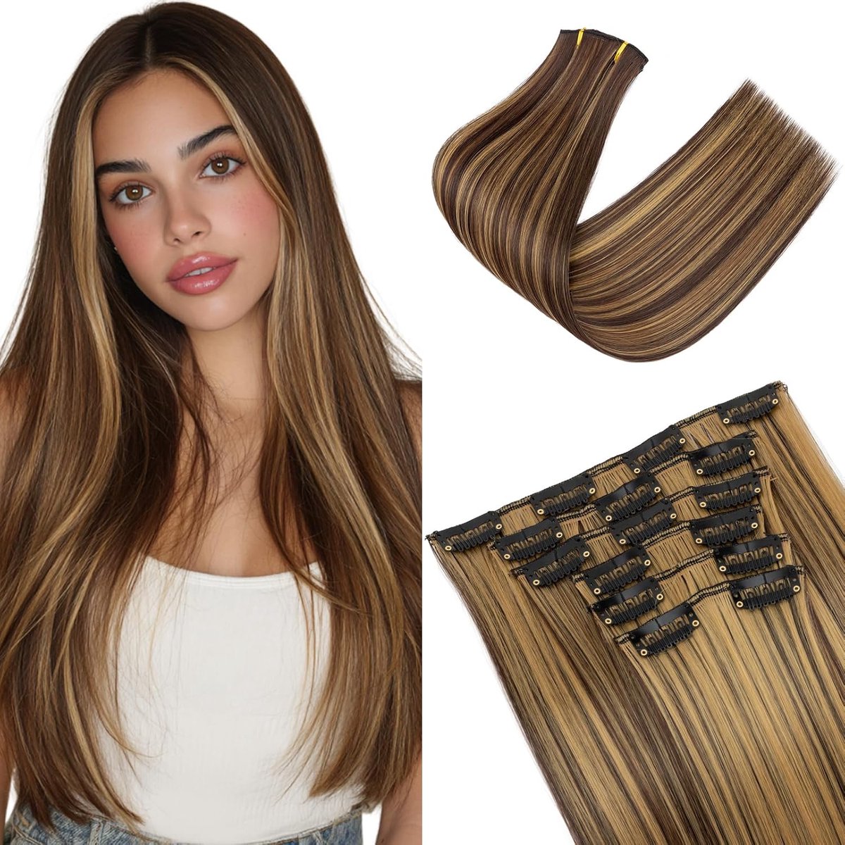 Haarextensies, middenbruin/goudblond, 6 stuks, 60 cm, haarverlenging, voordelig, steil haar, kunsthaar, 6 strengen, haarstukje voor dames