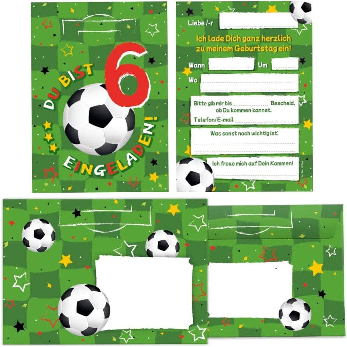 SnelShoppen - 12 Uitnodigingskaarten Voetbal + 12 Enveloppen voor 6e Verjaardag Kinderen - A6 Formaat - Voetbalthema Feest