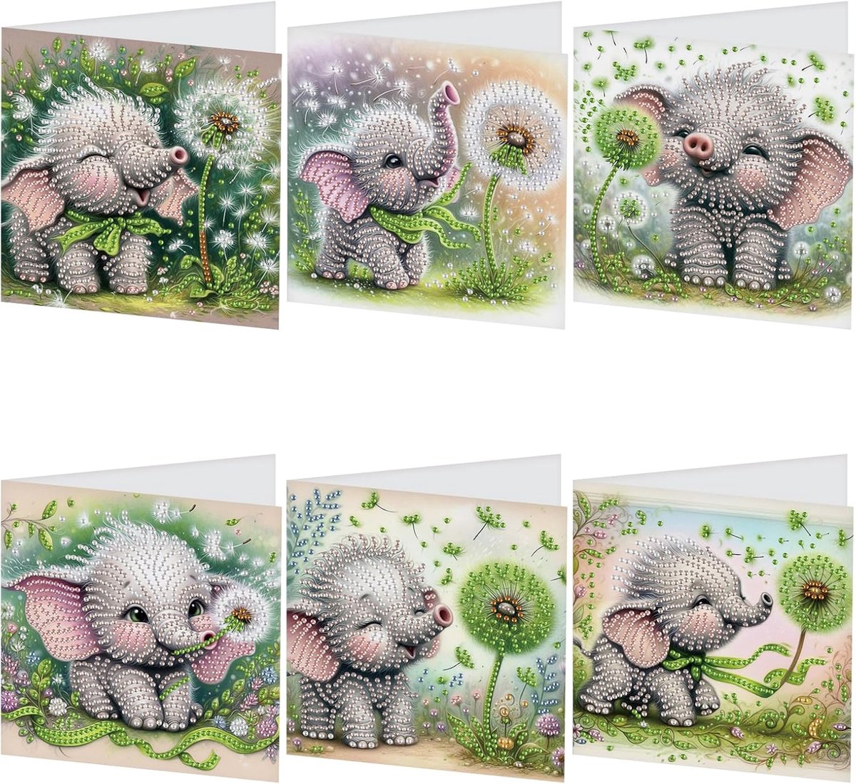 Wenskaarten set van 6 - schattige babyolifant - diamond painting - bedankkaartjes en verjaardagskaarten - SnelShoppen