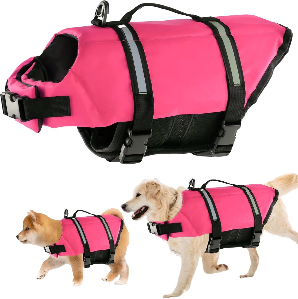 Zwemvest Hond, Zwemvest Hond Roze, voor Kleine en Grote Honden – Scheurvast en Reflecterend – Verstelbare Maat met Sterk Drijfvermogen en Zwem Reddingshandgreep (M)