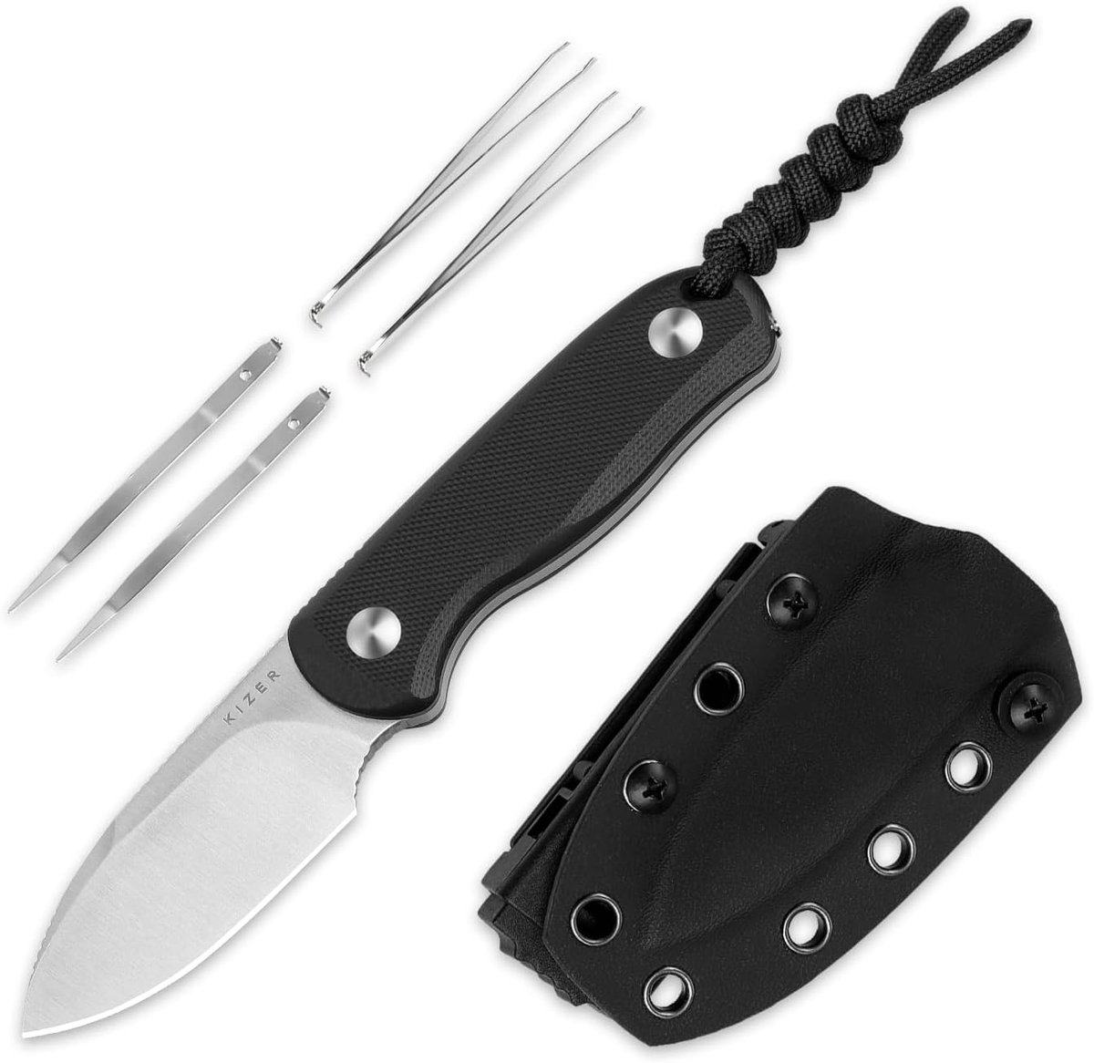 Drop Bear Fix Kampeermes, 2,57" D2 Satijnen Lemmet Mes met Zwart G10 Handvat, Outdoor Full Tang Jacht- en Overlevingsmessen met Verstelbare Kydex Schede, 1094M2