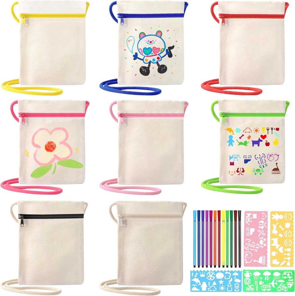 Stoffen zakjes om zelf te beschilderen, 8 stuks, blanco stoffen tassen om te beschilderen, met 12 kleurpotloden en 4 tekensjablonen voor creatief design, geschenken, feestjes
