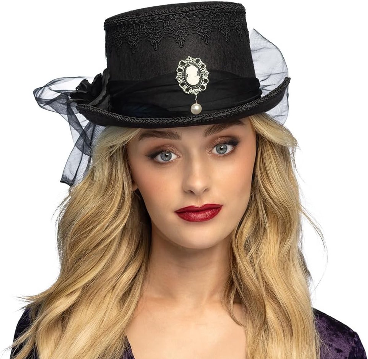 - Gotische Hoed, 58 cm | Hoge hoed met broche en bloem voor kostuum, carnaval, cosplay en Halloween