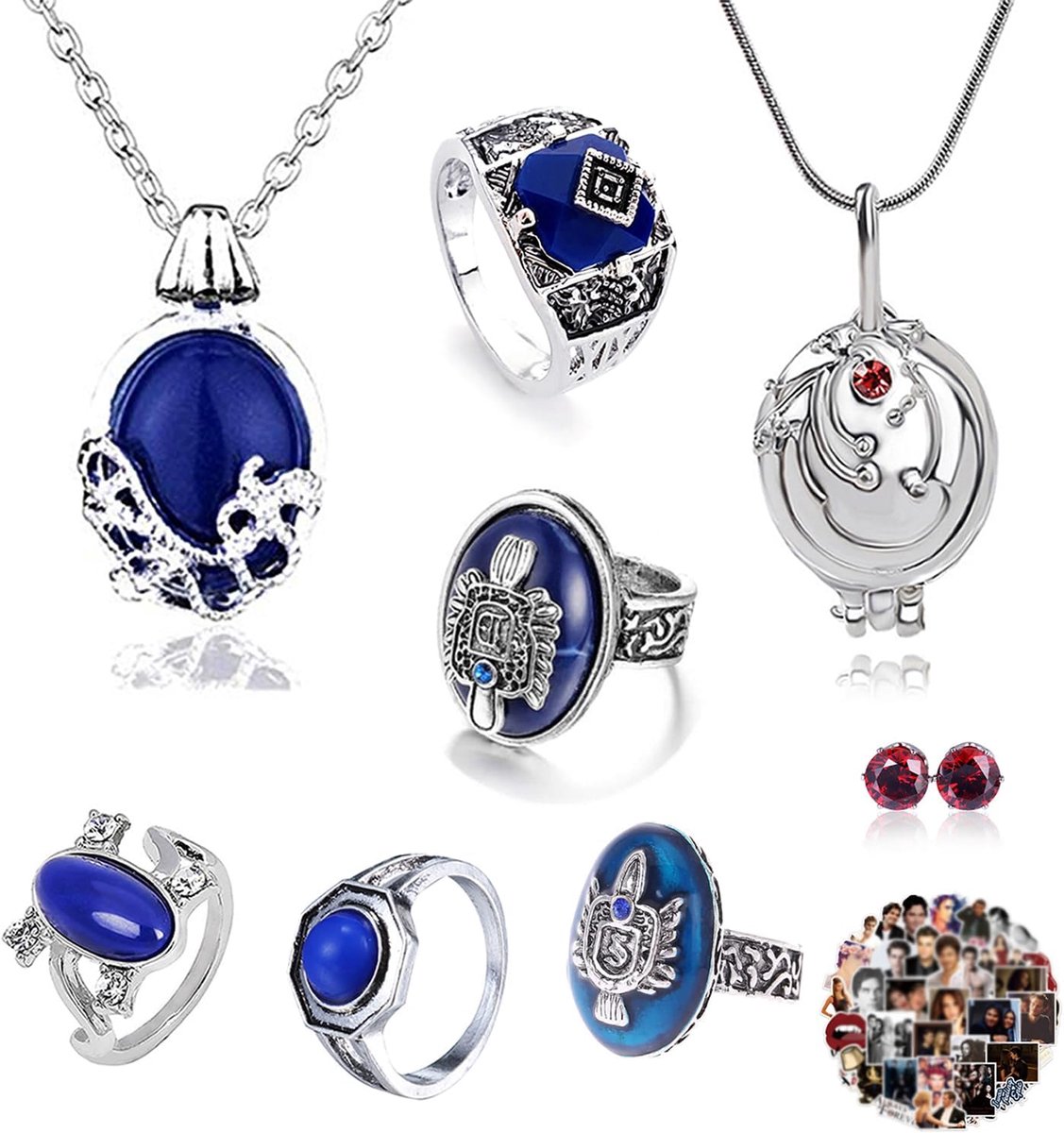28 stuks The Vampire Diaries Sieraden Sticker Set Elena Gilbert Opening Vervain Medaillon Hanger Ketting Saffierkristal Daglicht Familie Vampier Crest Ringen Diamant Stud Oorbellen, Zink, Geen