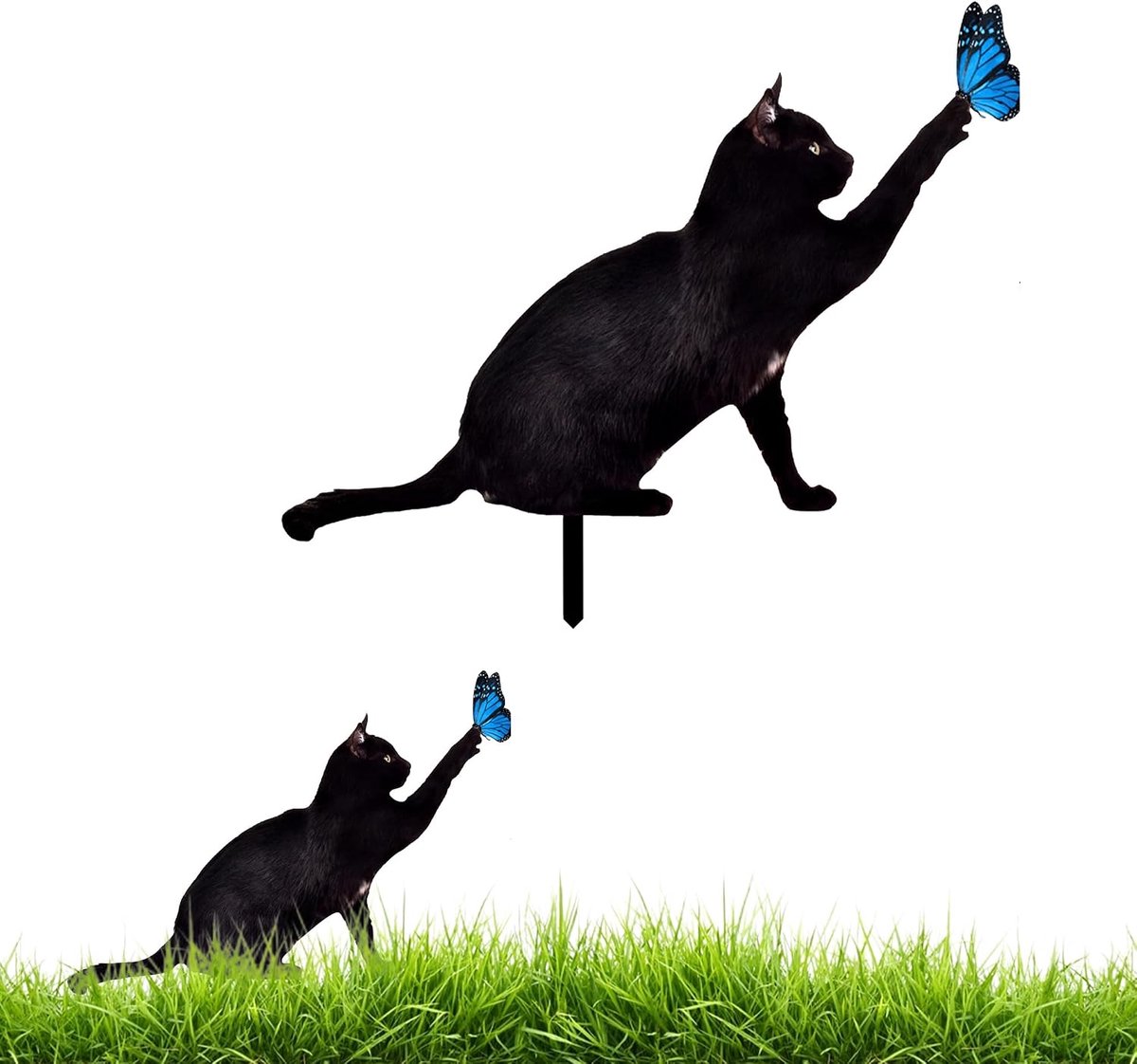 Beelden, decoratie, tuindecoratie voor katten, metaal, kat, roest, tuindecoratie voor bloempot voor tuin, terras, balkon (zwart, kat)