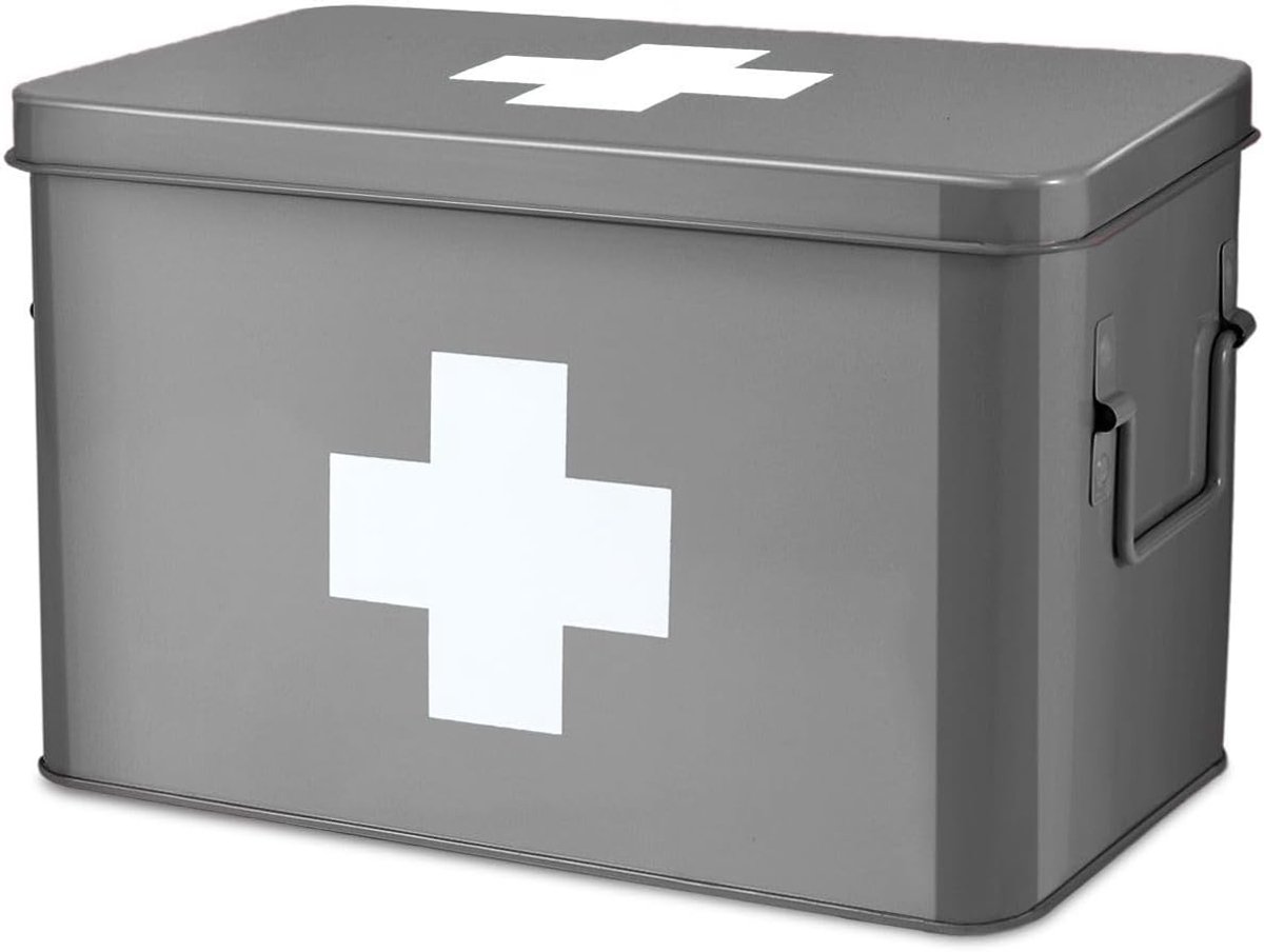 First Aid Medicine Box Benodigdheden Kit Organizer - 30 cm Gray Metal Tin Medic Storage Bin Hard Case met Verwijderbare Dienblad Wit Kruis, Vintage Antieke Doos voor Thuis Familie Noodset