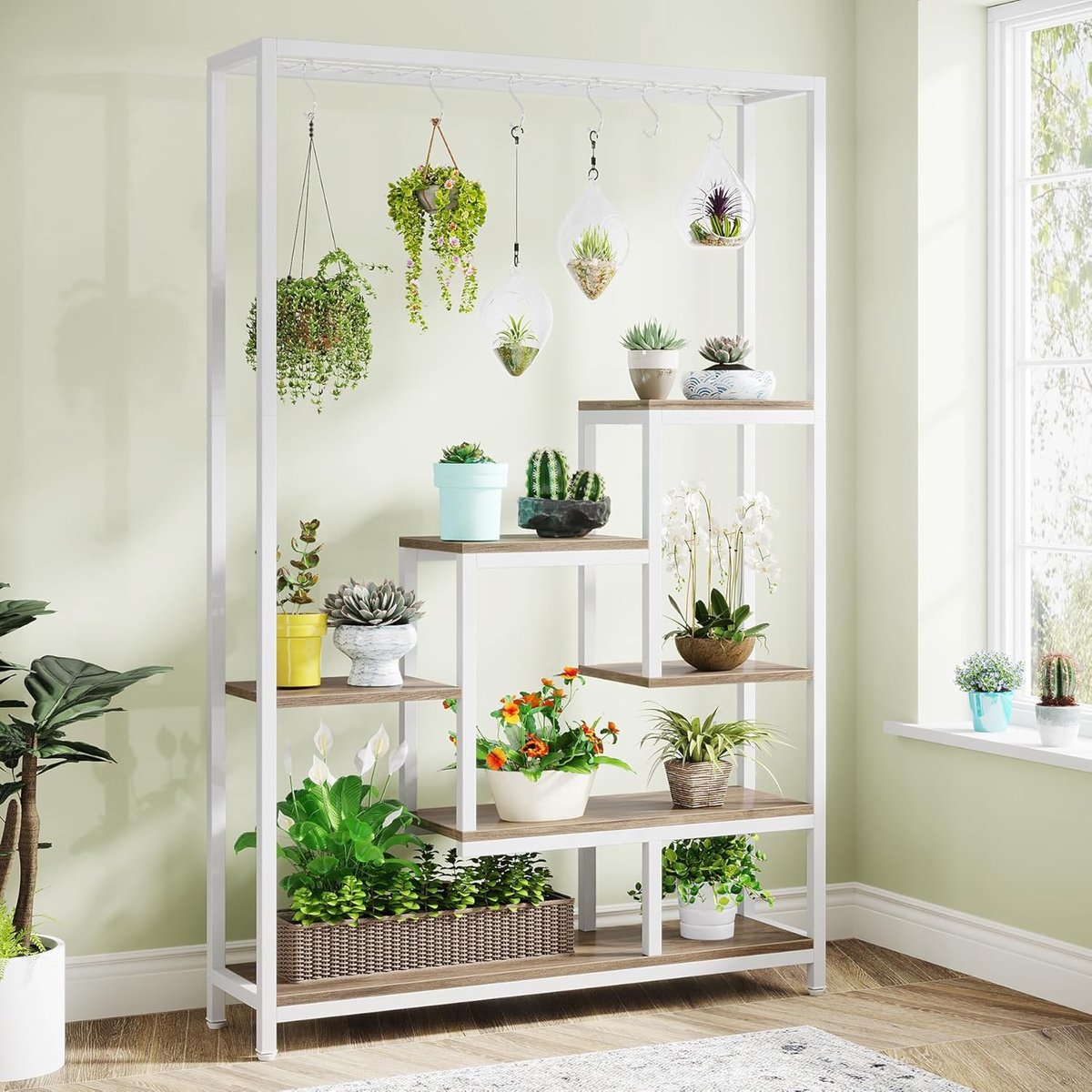 Plantenstandaard 5 niveaus, 180 cm hoge stand, metalen plank met 10 S-ophanghaken, bloemenstandaard voor meerdere planten, bonsai