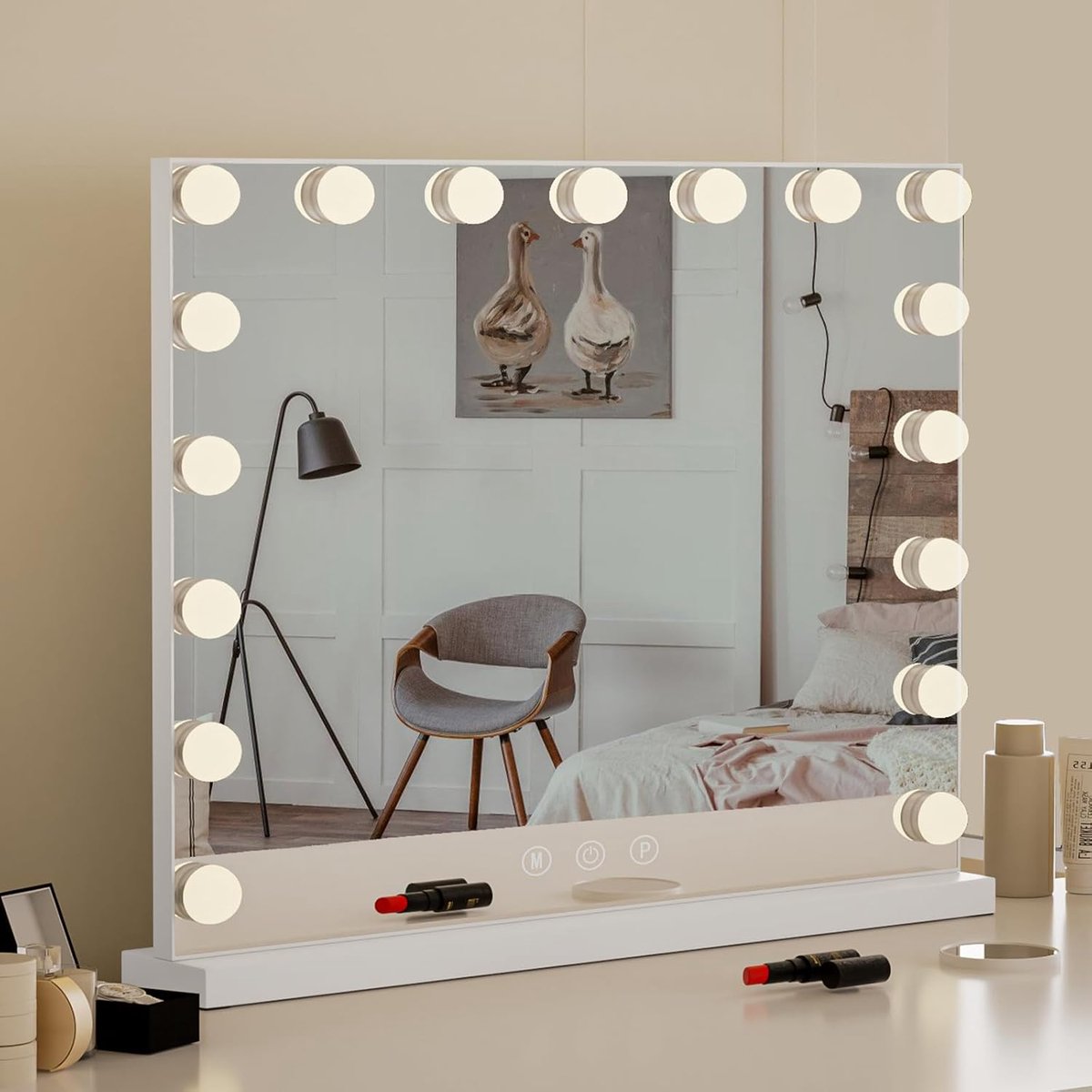 Spiegel met Verlichting, Verlichte Make-Up Spiegel met 17 Ledlampen, 10 x Vergrotende Spiegel, Grote Vanity Mirror met Touch-Bediening, Wit, 70 x 55cm | 3 lichtkleuren, traploos dimbaar, USB en USB-C, wand- of tafelmontage, 10 x vergrotingsspiegel