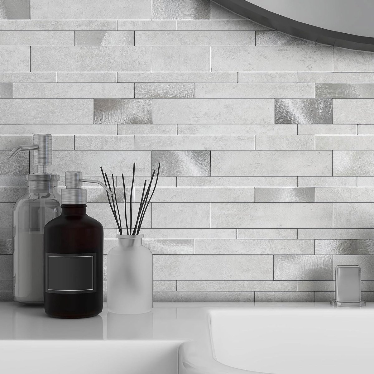 Tegels om af te pellen en te plakken voor keuken, lineaire steen voor metro, mozaïek voor waterdichte badkamer douche (10 stuks, betongrijs)
