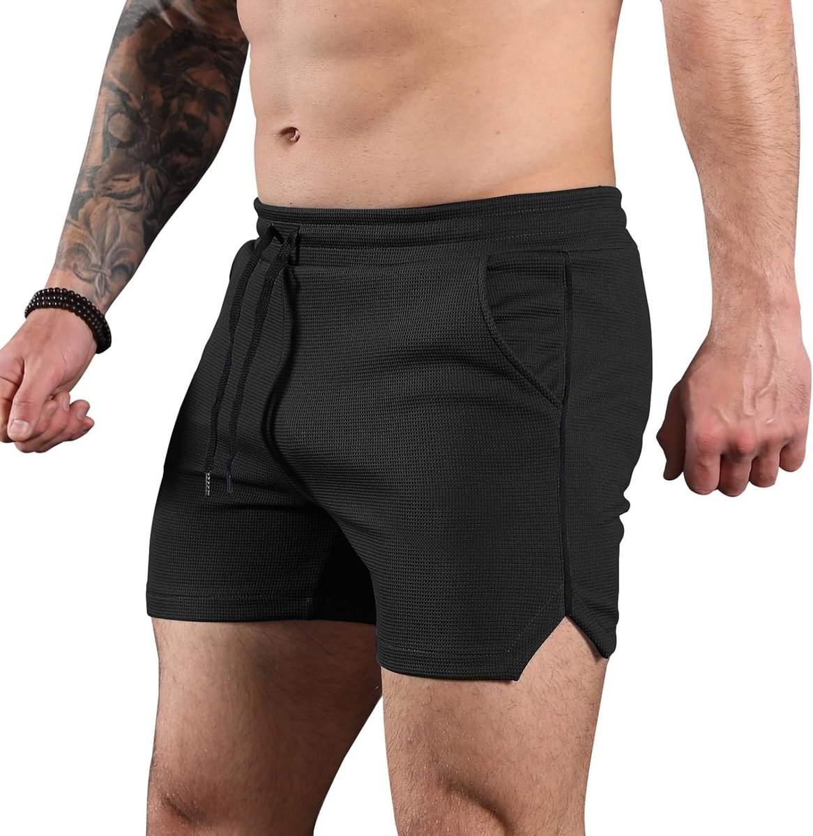 Shorts voor heren, sportshorts, gym, fitness, wafelshorts, licht, ademend, met zakken