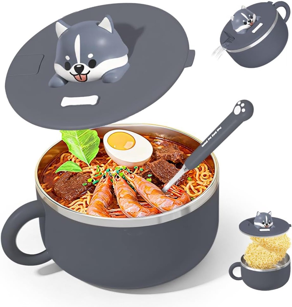 Ramenkom met deksel, 1200 ml instant noedelkom met deksel en lepel, kommen voor ramen, soepkom van 304 roestvrij staal, draagbare pastakom voor soep, pasta, knoedels en salades (B)