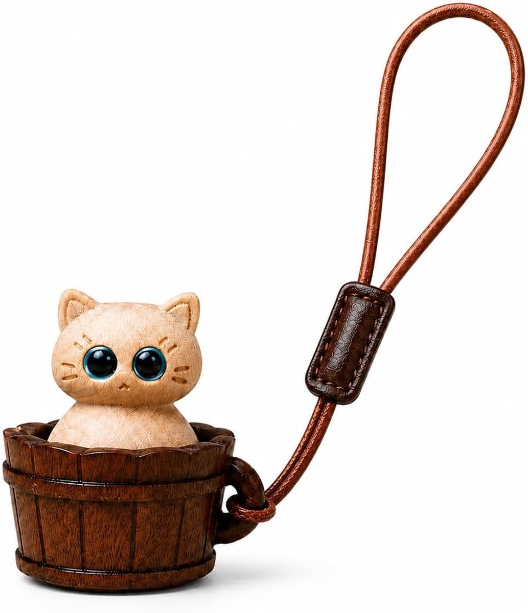 Sleutelhanger Kat, met Leren Koord voor Kantoor & Tas