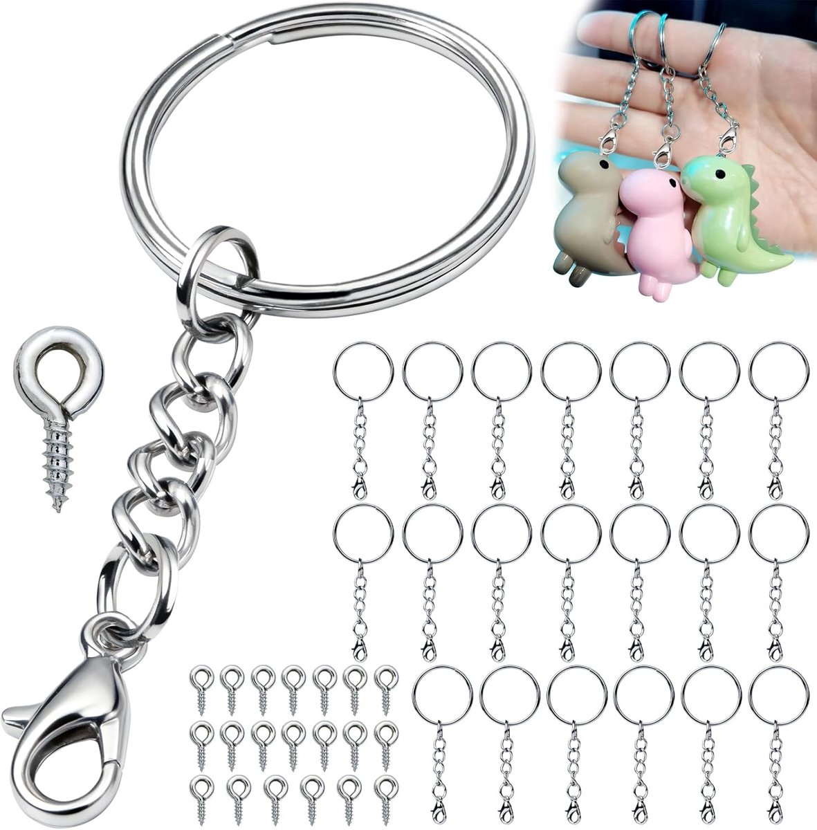 Sleutelring met ketting, karabijnsluiting, 40 stuks, sleutelhanger, ring, 25 mm, lege ketting, set sleutelringen, klein, zelf maken, knutselen voor sleutels, doe-het-zelf hangers, sieraden maken