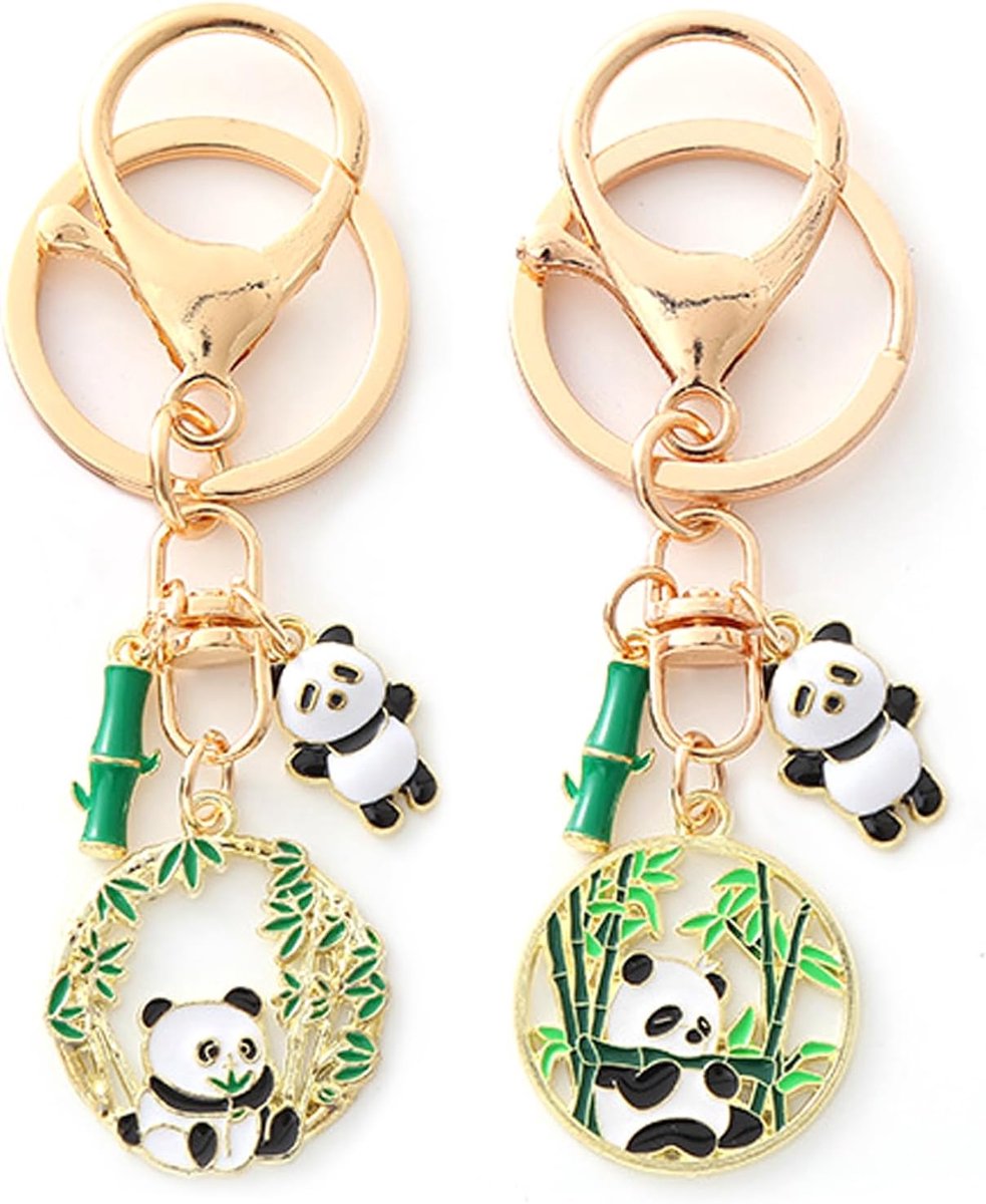2 stuks gouden panda- en bamboe sleutelhangers – creatieve schattige panda-hanger