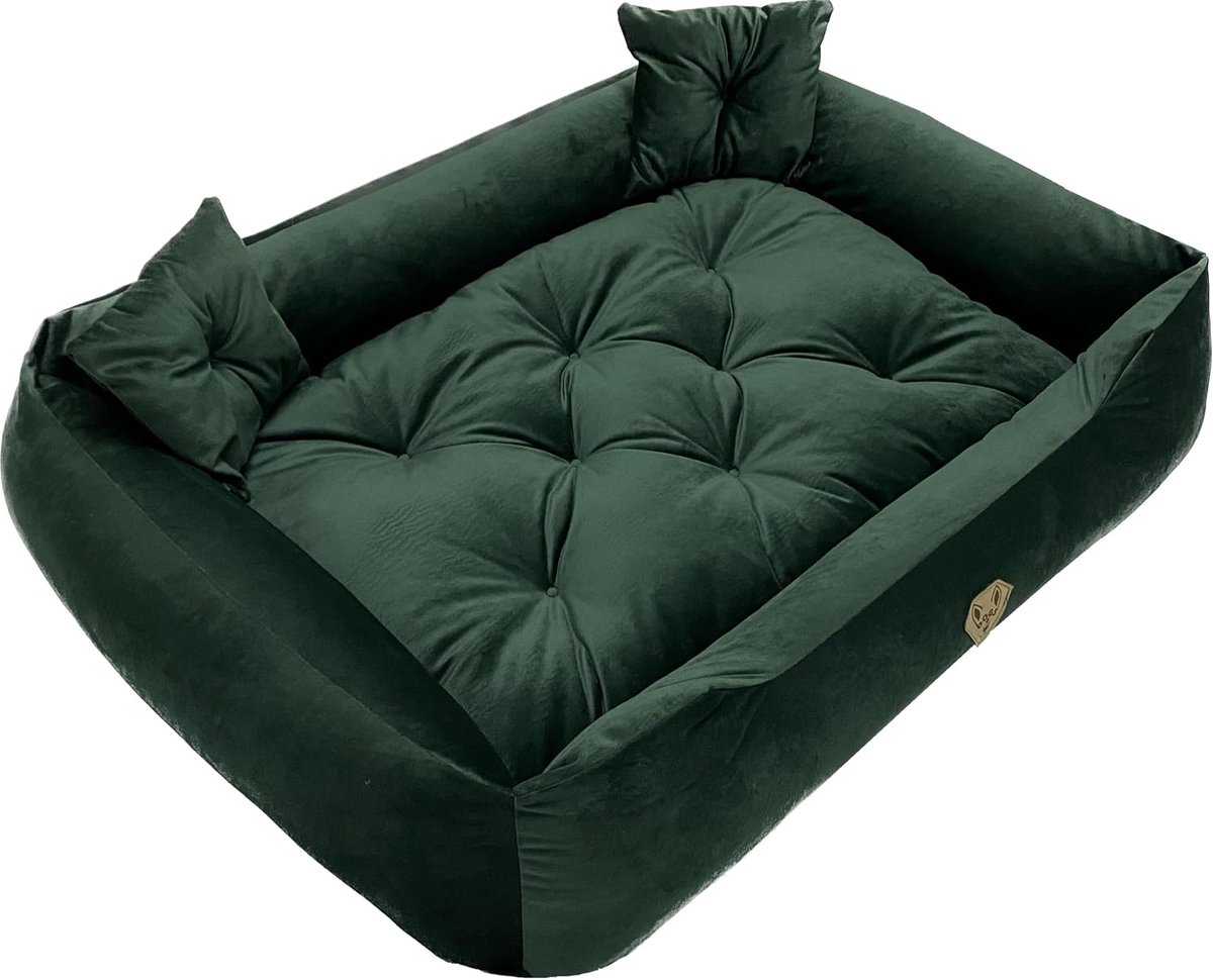 Luxe hondenbed van groen velours - anti-allergeen, duurzaam, onderhoudsvriendelijk - ondersteunt de gewrichten - verhoogde randen voor extra comfort - incl. 2 kussens L 120 x 90 cm groen