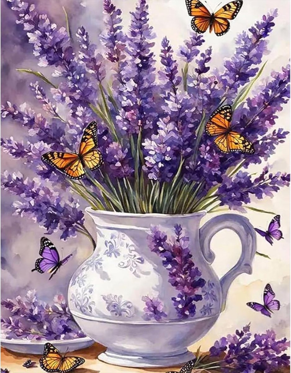 Diamantschilderij, vierkant, doe-het-zelf, vaas, bloemen, paars, 40 x 50 cm, vierkant, vaas, bloemen, schilderen op nummer, stenen, vierkanten, vlinders, bloemen, afbeeldingen