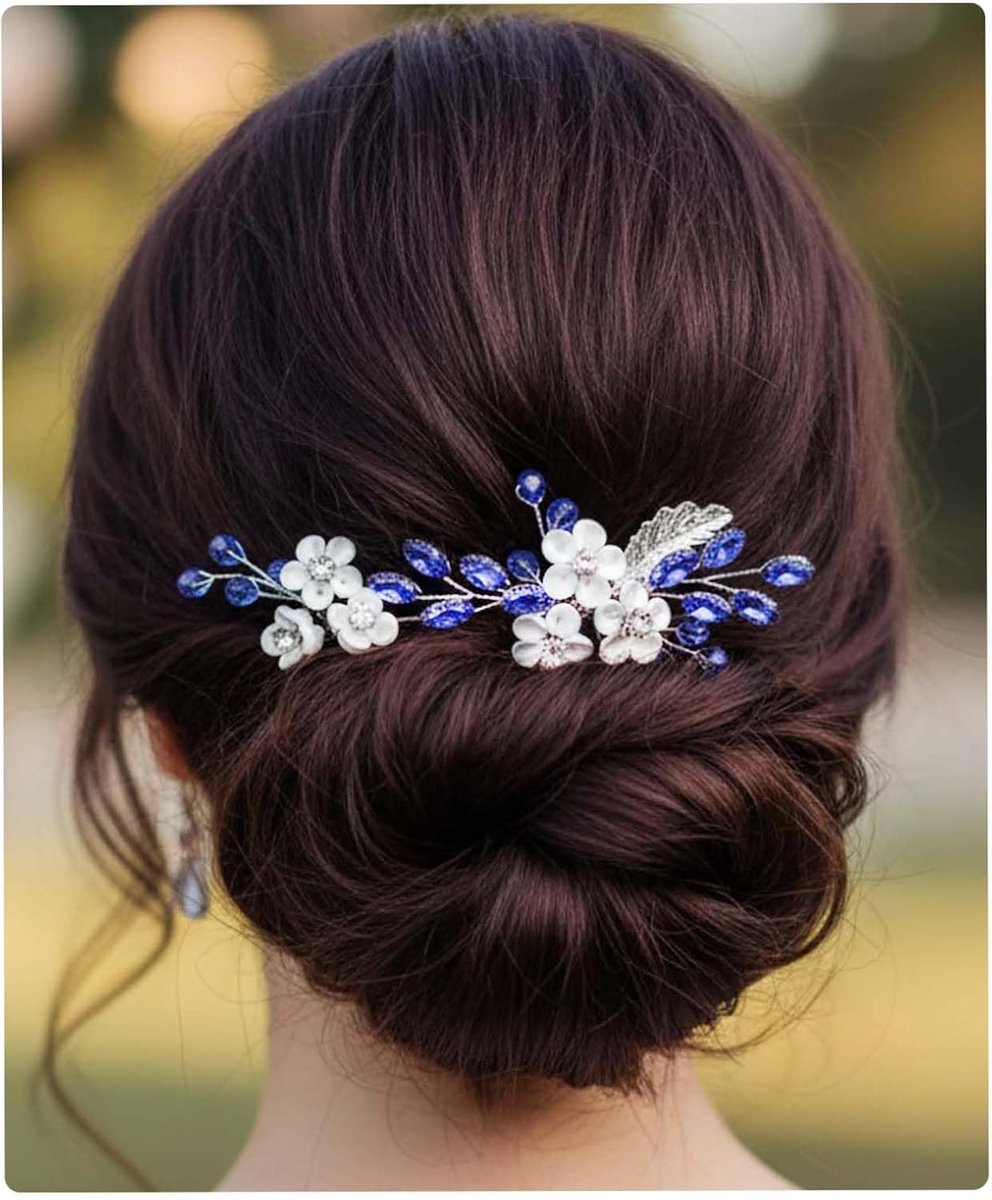 Haarspelden strass bloem bruid haarclips blauw kristal haarstukje zilver haaraccessoires voor vrouwen en meisjes (2 stuks)