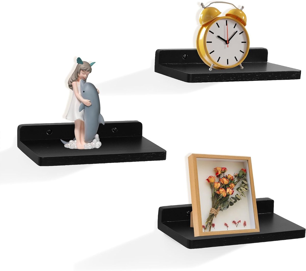 Zweefvlak, 12,7 x 21,6 cm, Set met 3 kleine wandplanken voor slaapkamer, woonkamer, badkamer, keuken, kantoor (zwart)