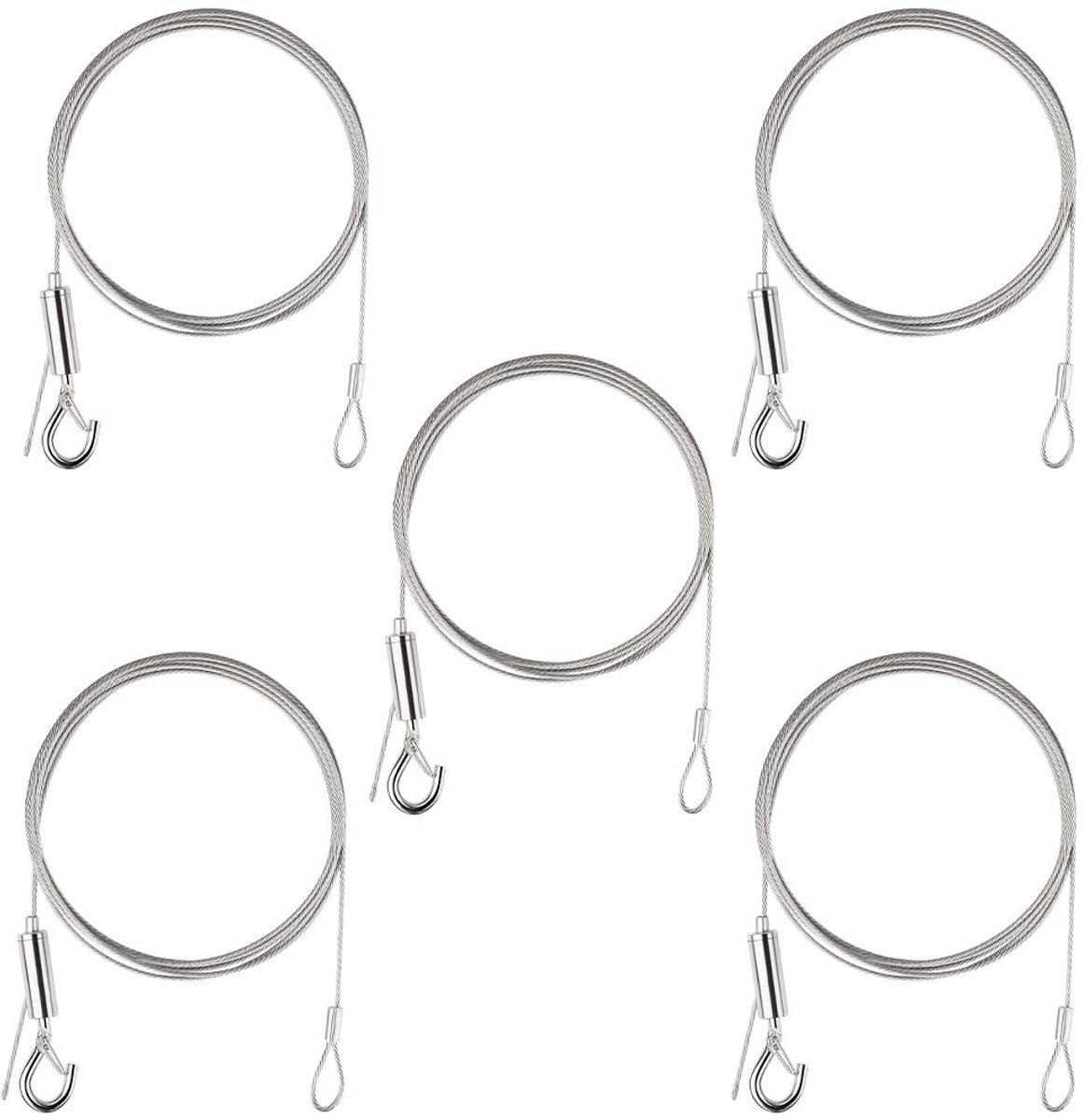 5 Pack 1,5 mm roestvrij stalen draadkabel 2 meter, zware foto opknoping draadkabel met lus en haak voor spiegel, lamp (gehuld max. 30 kg)