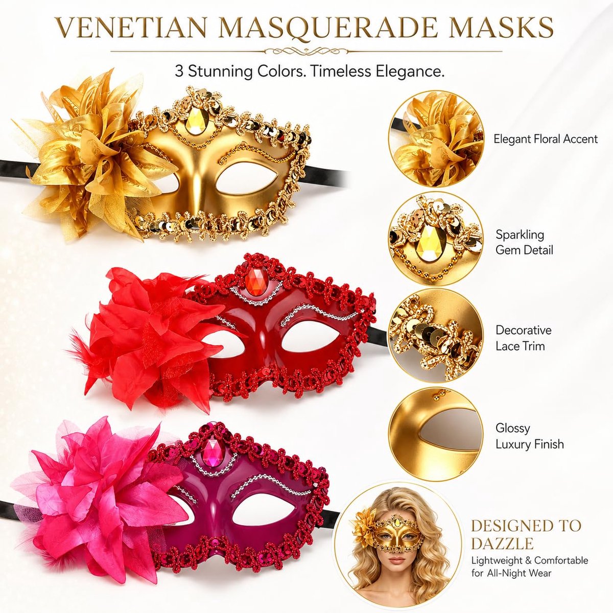 Set van 3 venetiaanse maskers - luxe halve gezichtsmaskers - goud rood roze met kant en bloemen - SnelShoppen