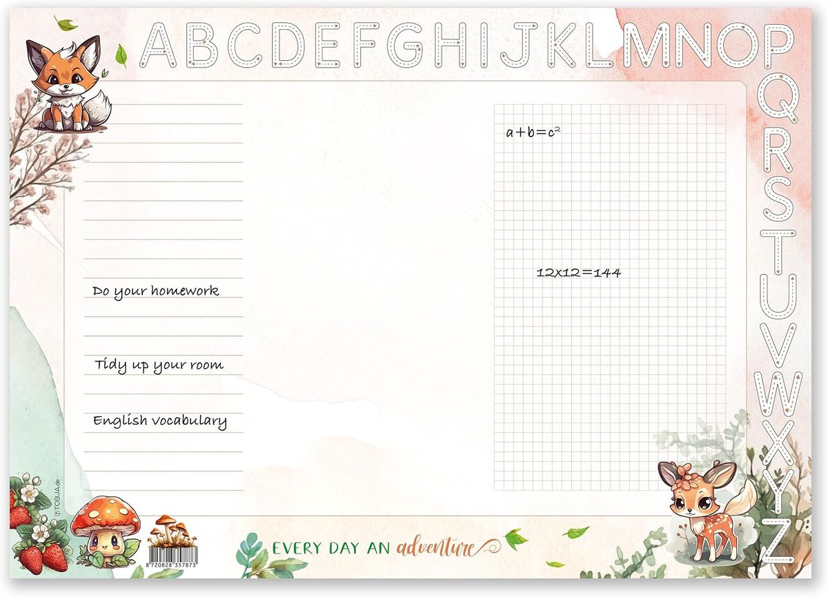 Bureauonderlegger A3 voor meisjes en jongens, design met bosdieren, dik papier van 90 g/m², met ABC-lijst om in te kleuren, perfect voor de eerste schooldag, 25 vellen