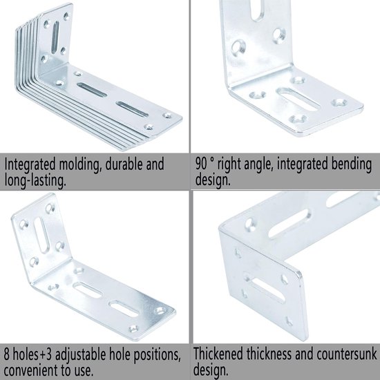 10 stuks verdikte hoekverbinders, verstelbare bevestigingshoeken, met 2 lange gaten, L-vorm, 90 graden hoekverbinding, metalen hoek, meubelhoek voor plank, tafel stoel, 3 mm dikte (wit 120 x 60 mm) — afbeelding 2